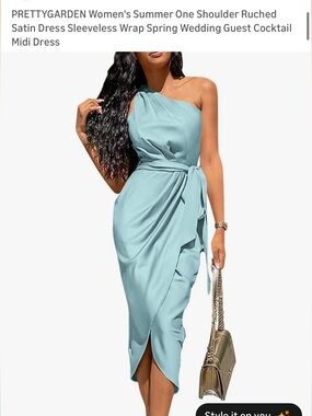 PrettyGarden One-Shoulder Ruched Satin Midi Dress in Light Blue